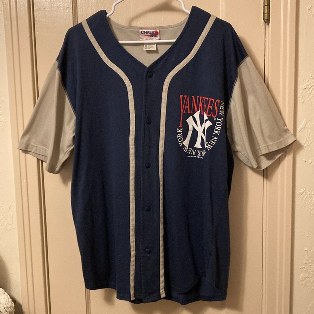 New York Yankees Chalk Line Vintage 1996 Button Down Jersey Large Blue and Gray
